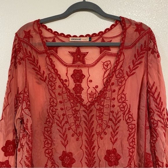Origami by Vivian Sheer Embroidered Tunic Top Red Size Med/Large - Picture 4 of 12